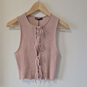 Zara Pink Ribbed Tie-Front Crop Top